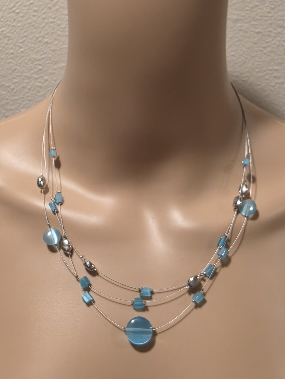 Lia Sophia “Blue Lagoon” 3-Strand Silver Necklace w/Blue Cat’s Eye Style Beads
